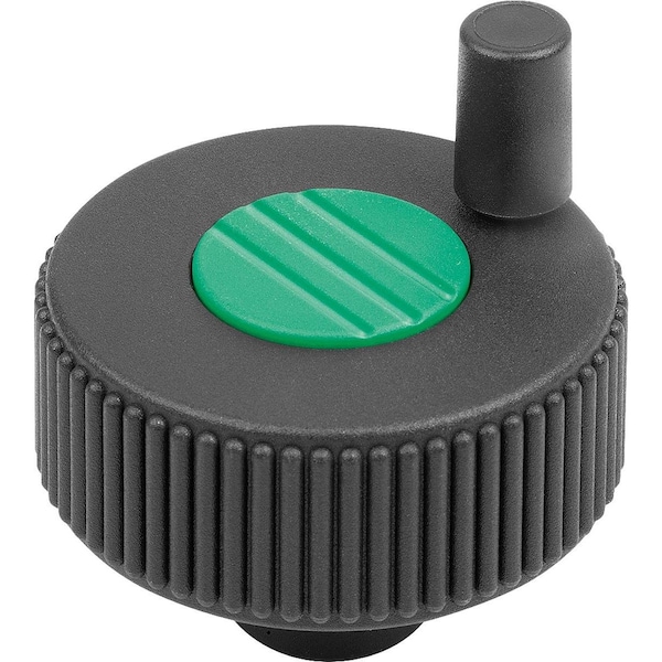 Knurled Knob W Handle Size:1, D1=40, Form:M W.Transv.Bore, Plastic Black, Comp:Steel Cap:Green